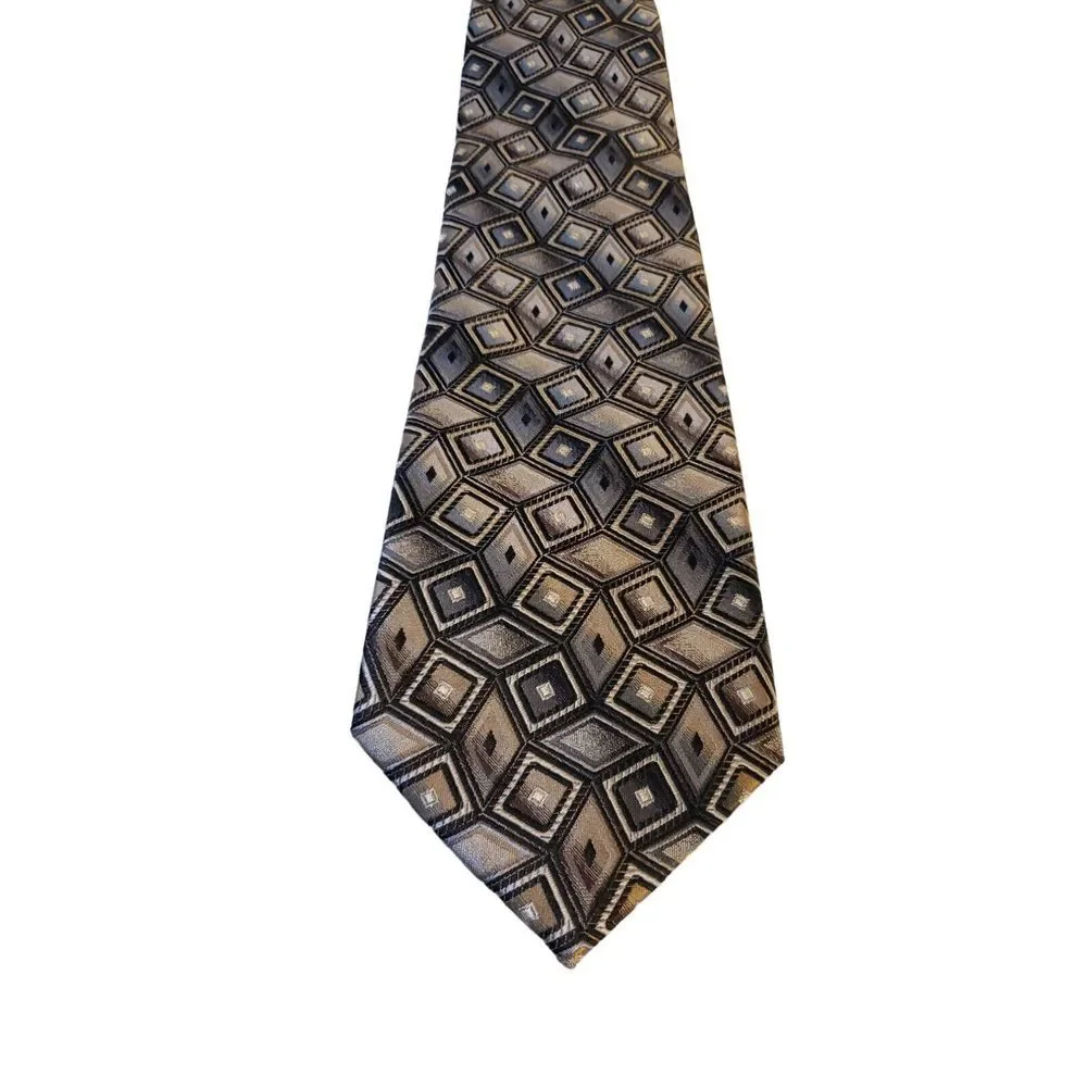 King‎ Size Mens 100% Silk Tie Tan Black Geometric Men Necktie Long 62 x 4